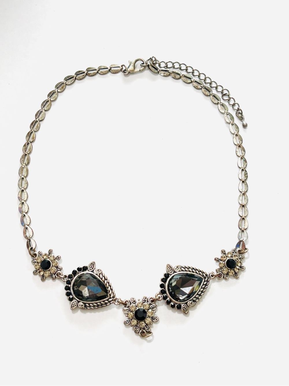 Black Crystal Rhinestone Floral Teardrop Silver Tone Statement Necklace